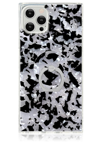 Clear phone case with black and white tortoise shell pattern and circular ring stand attached at center bottom.