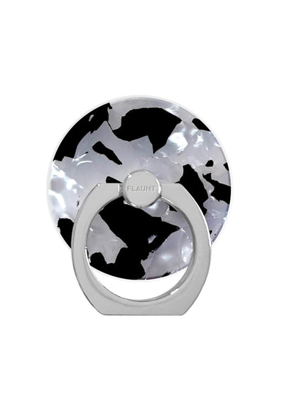Black and white tortoise shell adhesive phone ring stand with gray metal base and rotating grip.