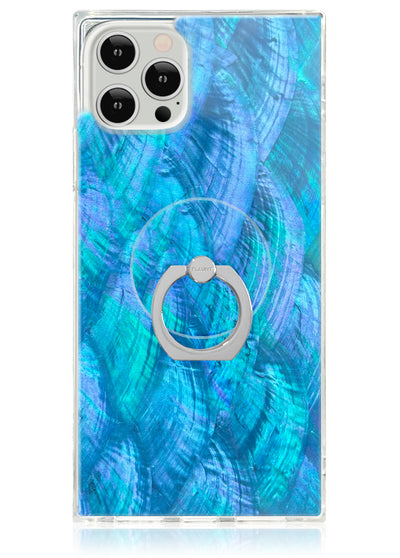 Clear phone case with blue and teal iridescent mother of pearl pattern and silver ring stand holder.