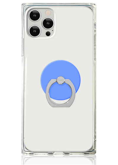 Clear square phone case with cornflower blue circular ring stand attached to back.