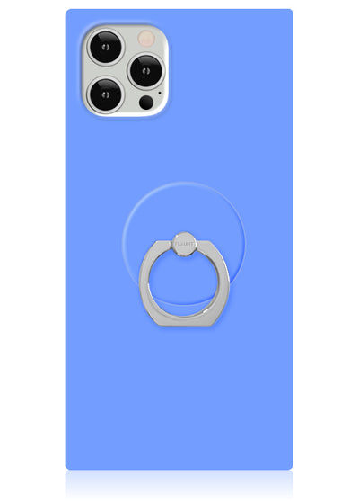 Cornflower blue phone case with silver adhesive ring stand attached to back.