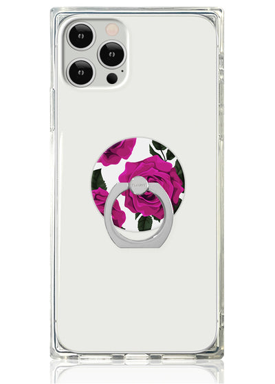 Clear phone case with fuchsia rose print circular ring stand in silver metal.