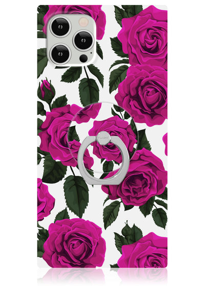 White phone case with fuchsia roses and green leaves, featuring a silver ring stand.