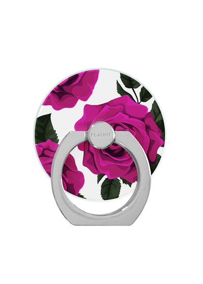 Silver phone ring stand with fuchsia rose print on white background and green leaves, branded "FLAUNT."