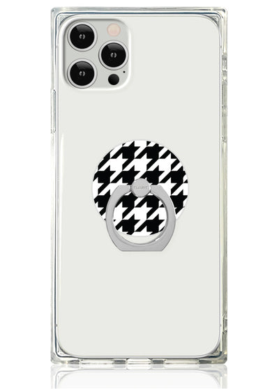 Clear phone case with silver houndstooth patterned ring stand on back.