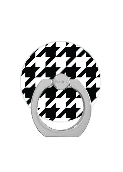 Gray metal ring stand with black and white houndstooth pattern disc, rotating grip for phone attachment.