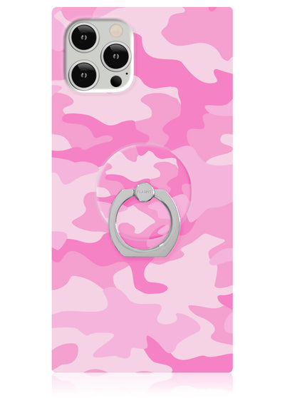 Pink and white camouflage phone case with gray metal ring stand attached to back.