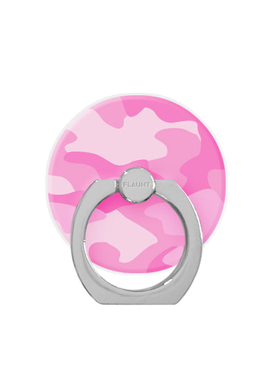 Circular phone ring stand with pink and light pink camouflage pattern and gray metal grip base.