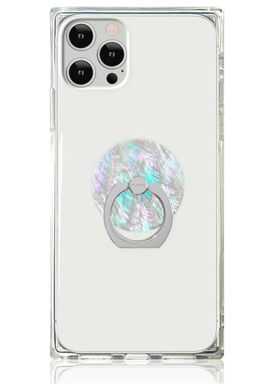 Clear phone case with iridescent mother of pearl ring stand attached to the back.