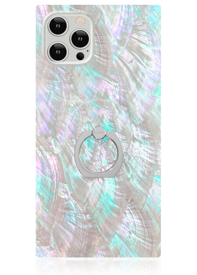 Square phone case with iridescent mother of pearl pattern and silver ring stand attachment.