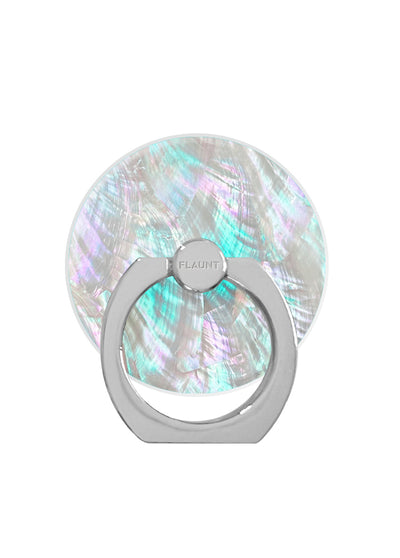 Circular iridescent mother of pearl phone ring stand with gray metal base and "FLAUNT" branding.