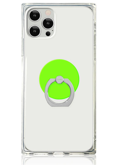 Neon green ring stand with silver metal loop attached to clear phone case for iPhone 12 Pro Max.