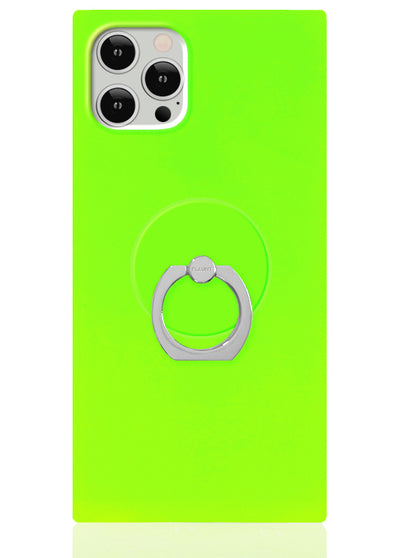 Silver ring stand with circular grip attached to neon green phone case on smartphone.