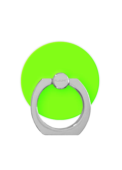 Neon green circular adhesive base with gray metal ring stand and rotating knob top.