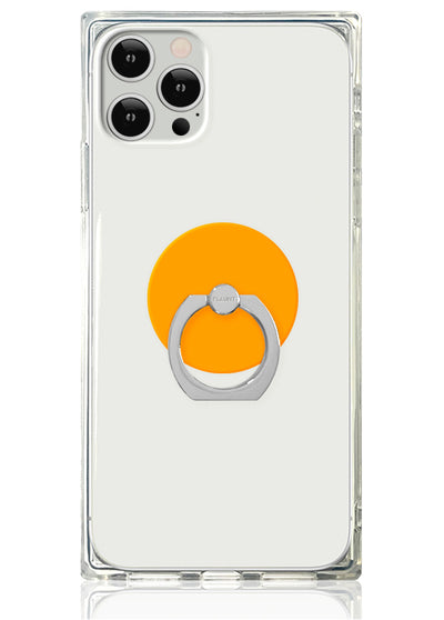 Clear phone case with neon orange circular backing and silver metal ring stand attached to center.