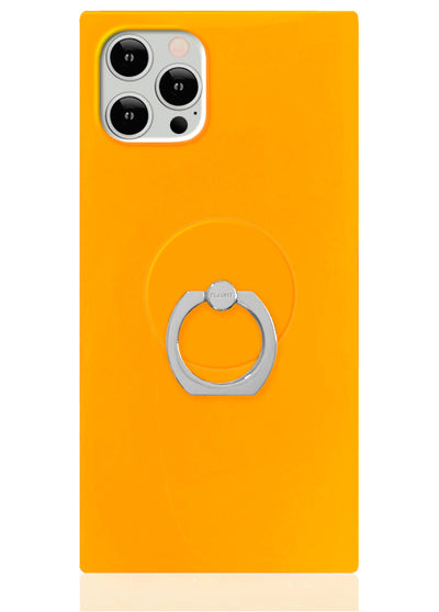 Neon orange phone case with silver ring stand mounted on back, shown on smartphone with triple camera lens.