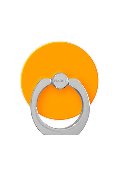 Bright orange circular adhesive ring stand with gray metal grip loop and top attachment point.