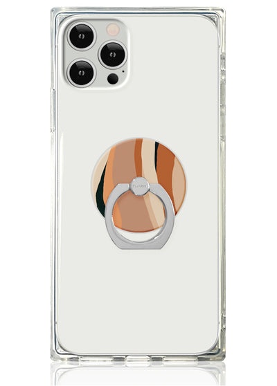 Clear phone case with tan and black striped circular ring stand attached to back.