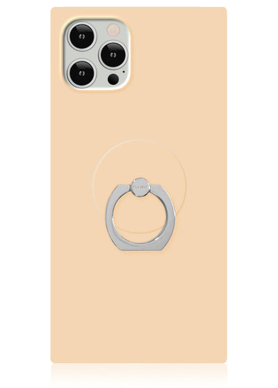 Nude almond phone case with silver ring stand attached to back, shown on smartphone with triple camera setup.