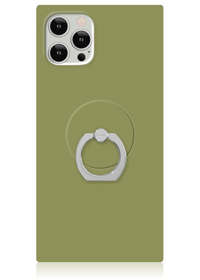 Olive green phone case with white ring stand attached to back, shown with smartphone displaying triple camera setup.