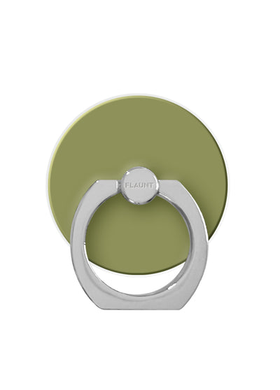 Olive green circular adhesive ring stand with white metal grip and rotating ball joint labeled "FLAUNT".