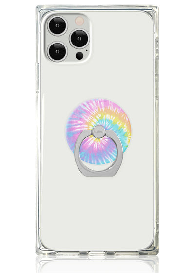 Clear phone case with pastel tie-dye circular ring stand in pink, blue, and yellow gradient.