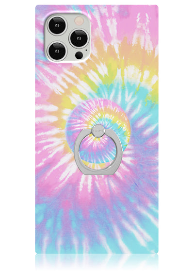 Pastel tie-dye phone case with circular metal ring stand in center, pink, yellow, blue and green swirl pattern.