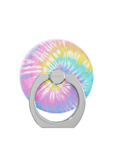 Circular phone ring stand with pastel tie-dye pattern in pink, blue, yellow, and purple, with gray metal base and rotating gr