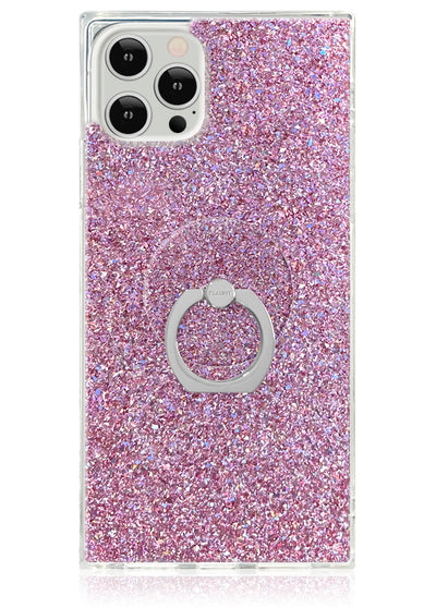 Pink glitter phone case with silver ring stand attachment for iPhone 14 Pro Max.