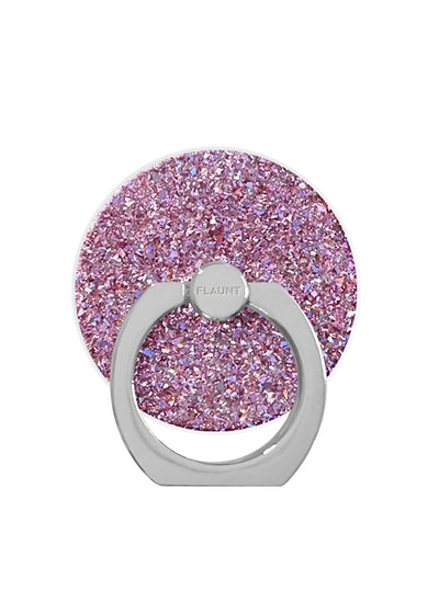Pink glitter phone ring stand with gray metal grip and rotating ball joint.