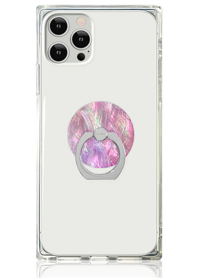 Clear phone case with pink iridescent circular ring stand attached to back of iPhone.