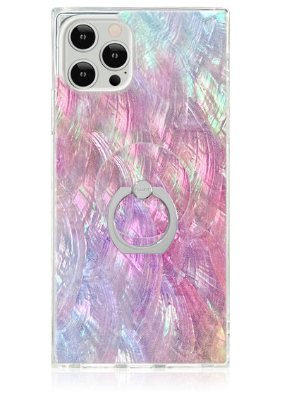 Clear phone case with iridescent pink and purple mother of pearl pattern and silver ring stand.