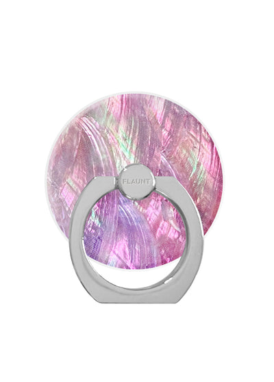 Pink mother of pearl phone ring stand with silver metal base and rotating attachment point.