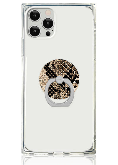 Clear phone case with python-patterned ring stand in gold and black on white background.