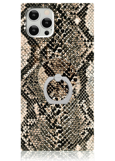 Silver phone ring stand attached to black and cream snake-scale patterned phone case.