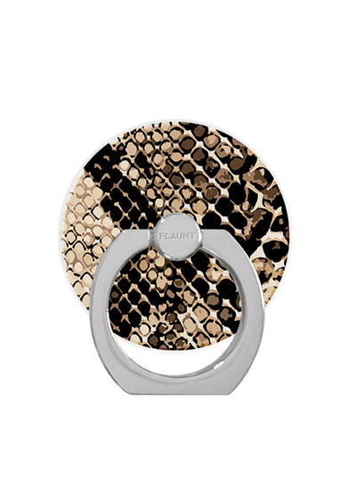 Gray metal ring stand with python-patterned circular back in tan and black scales.