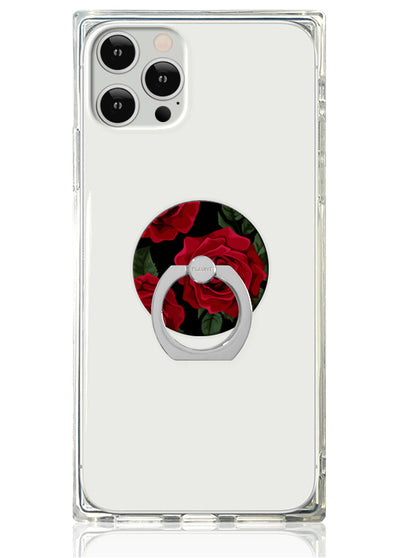 Clear phone case with red rose print circular ring stand and silver metal holder.