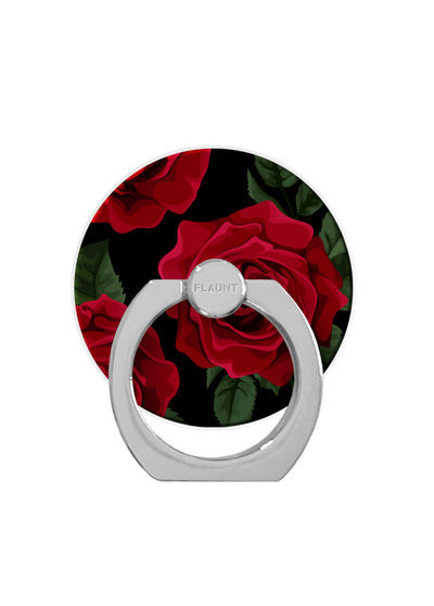 White phone ring stand with red roses and green leaves on circular backing, branded "FLAUNT" at center.