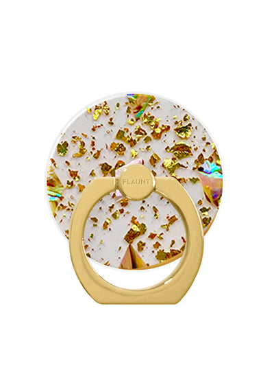 Clear resin phone ring stand with gold flake embedded design and gold metal holder, branded with "FLAUNT" text.