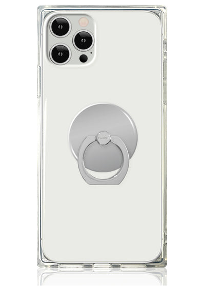 Silver circular ring stand with rotating grip mounted on clear phone case for iPhone 12 Pro Max.
