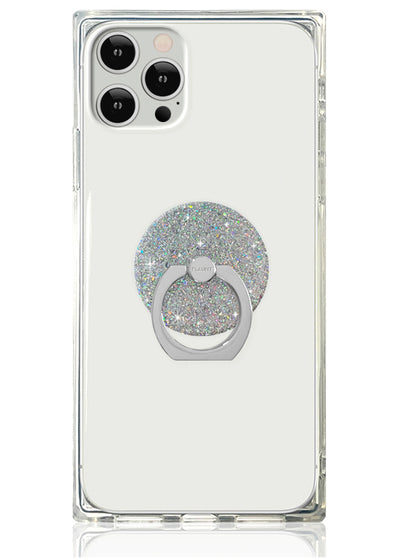Clear phone case with silver glitter-filled circular ring stand attachment for iPhone.