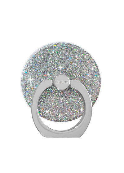 Silver glitter phone ring stand with adhesive backing and rotating metal loop grip.