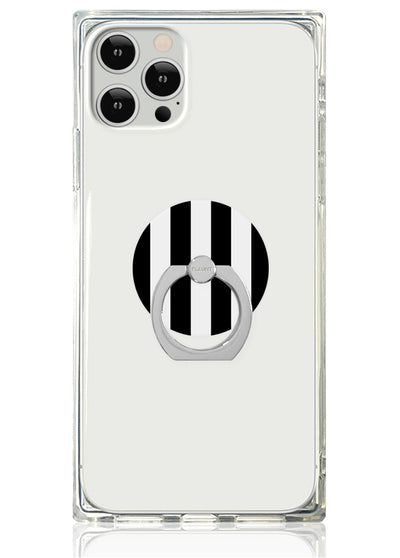 Clear phone case with black striped design and silver ring stand attached to back.