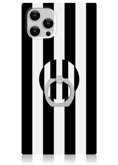 Black and white striped phone case with silver ring stand holder mounted on back.