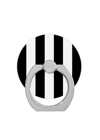 Silver metal ring stand with black and white vertical striped circular backing and center hub labeled "FLAUNT".