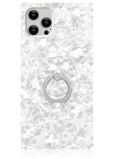 Square phone case with white pearl texture and gray ring stand attached to back.