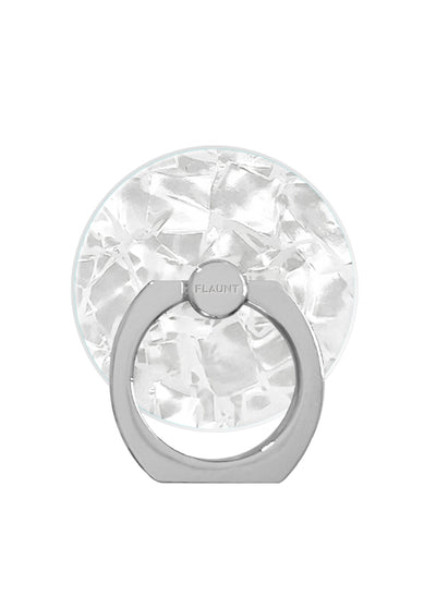 White pearl faceted ring stand with gray metal base and rotating attachment point for phone positioning.