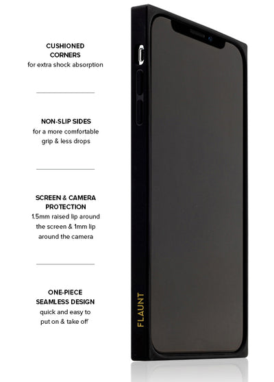 Black iPhone case with cushioned corners, non-slip sides, and raised screen and camera protection.
