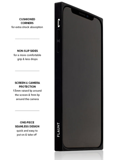 Black iPhone case with cushioned corners, non-slip sides, and raised screen and camera protection.