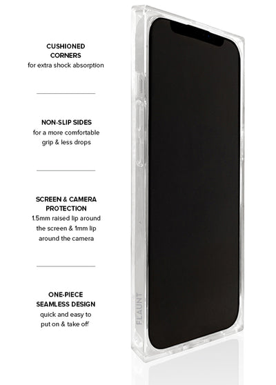 Clear plastic iPhone case with black and white tortoise shell pattern visible through transparent back and sides.